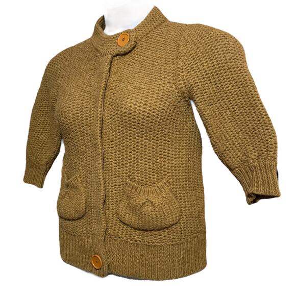 Topshop mustard alpaca blend short sleeve chunky cardigan with snap front Size 8 - Picture 2 of 9